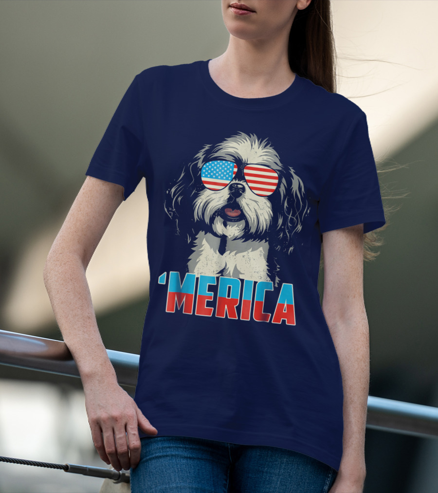 Patriotic Shih Tzu 'Merica With American Flag Sunglasses T-Shirt