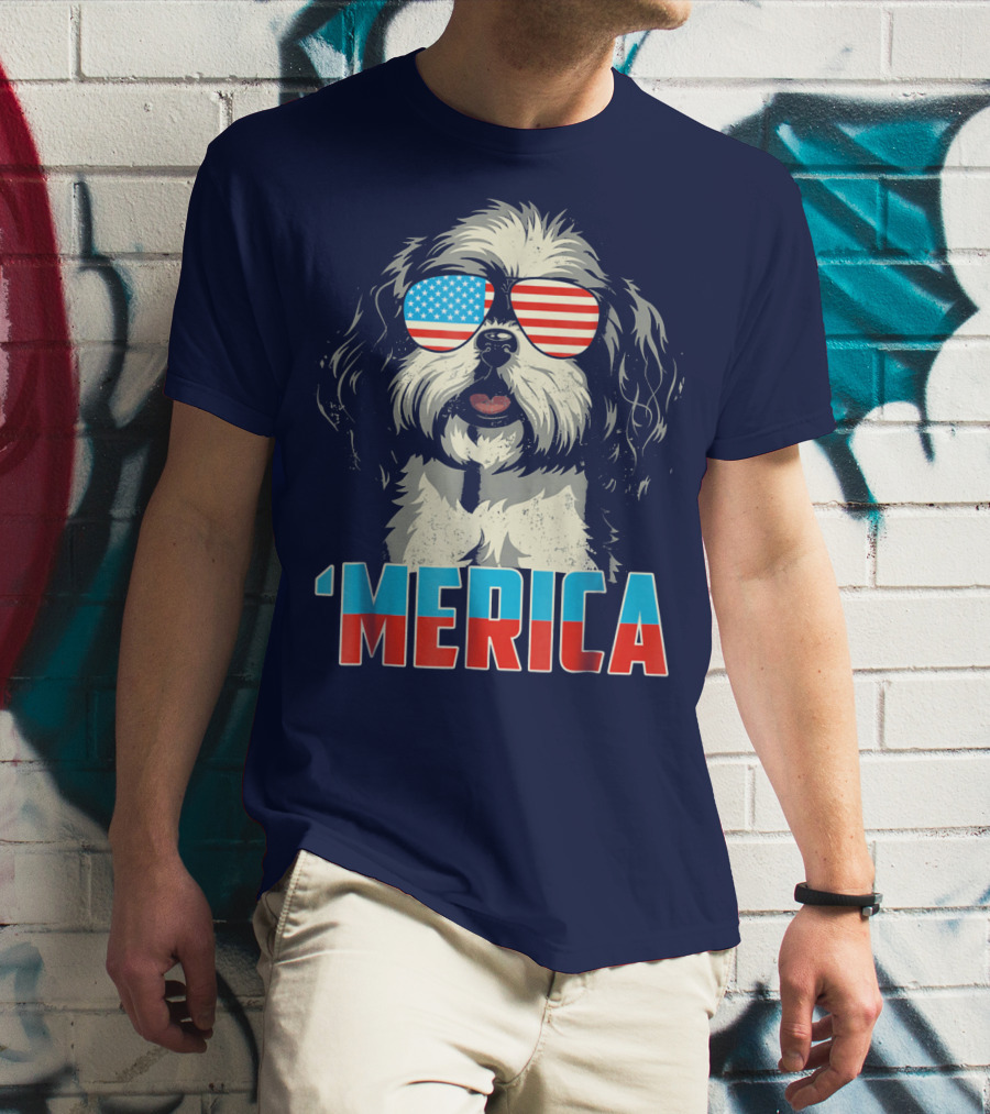 Patriotic Shih Tzu 'Merica With American Flag Sunglasses T-Shirt