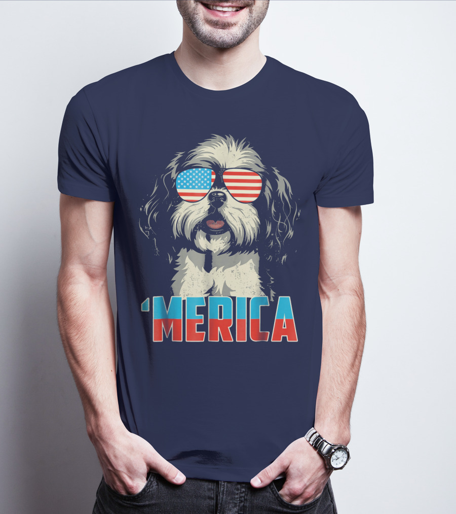 Patriotic Shih Tzu 'Merica With American Flag Sunglasses T-Shirt