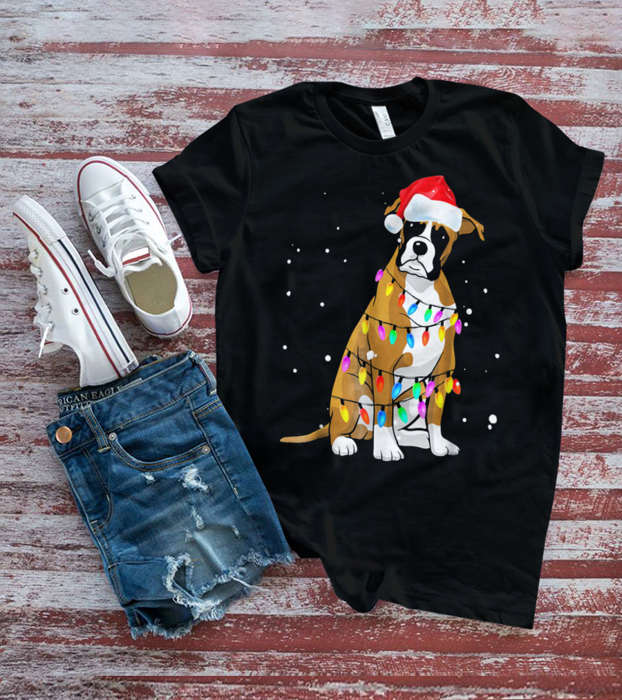 Boxer Dog Wrapped In Christmas Lights With Santa Hat T-Shirt