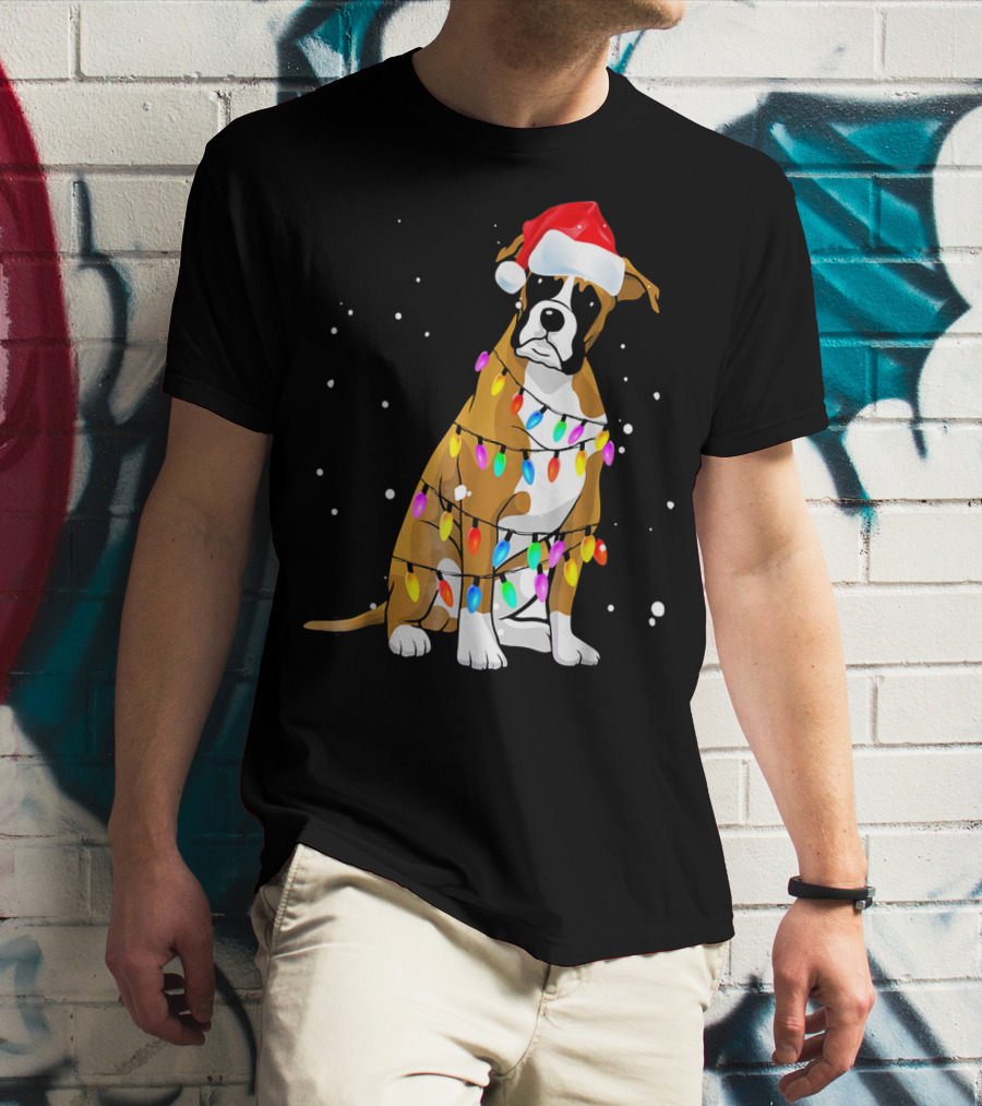 Boxer Dog Wrapped In Christmas Lights With Santa Hat T-Shirt