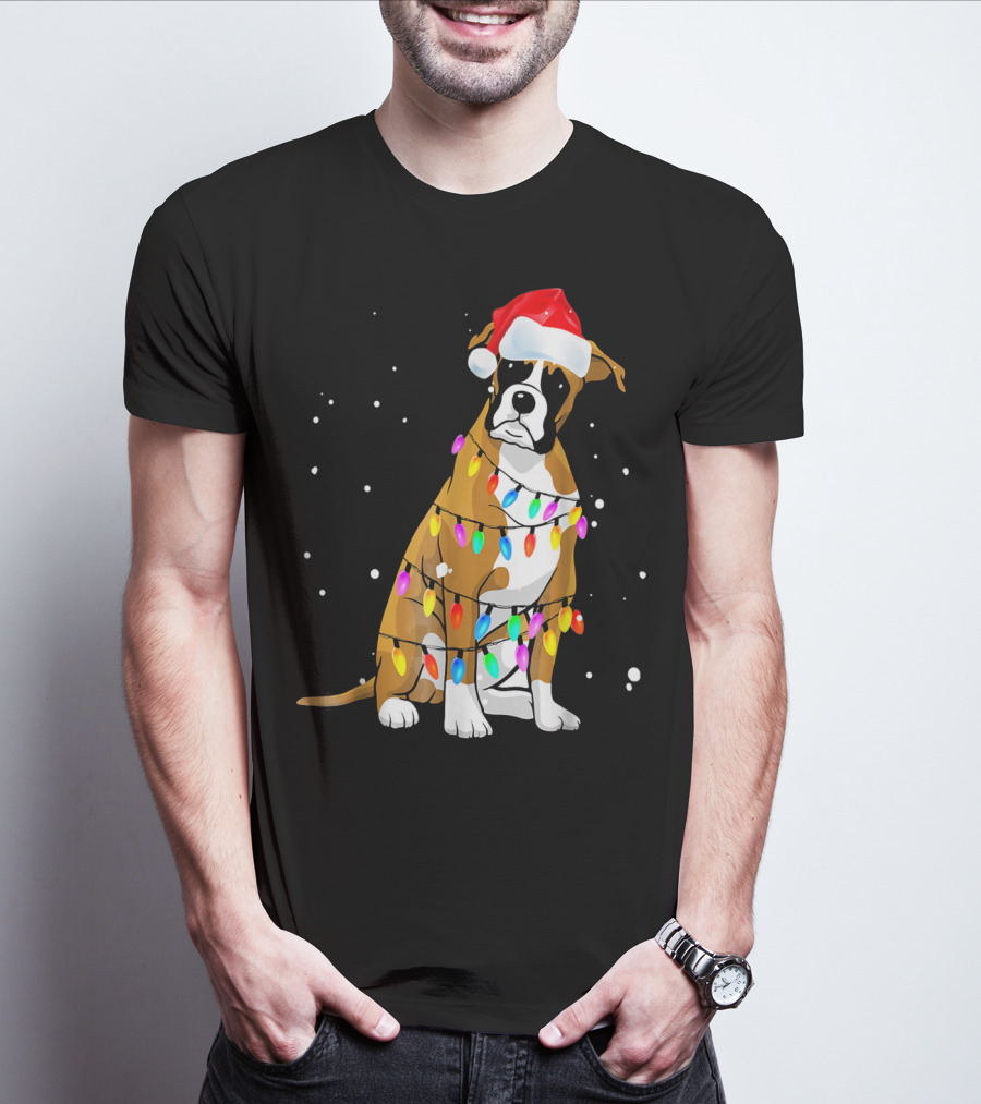 Boxer Dog Wrapped In Christmas Lights With Santa Hat T-Shirt