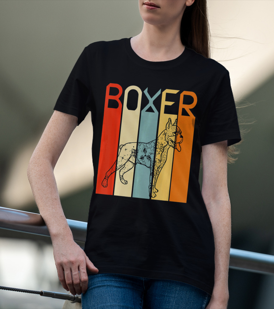 Boxer Dog Retro Stripes Outline T-Shirt