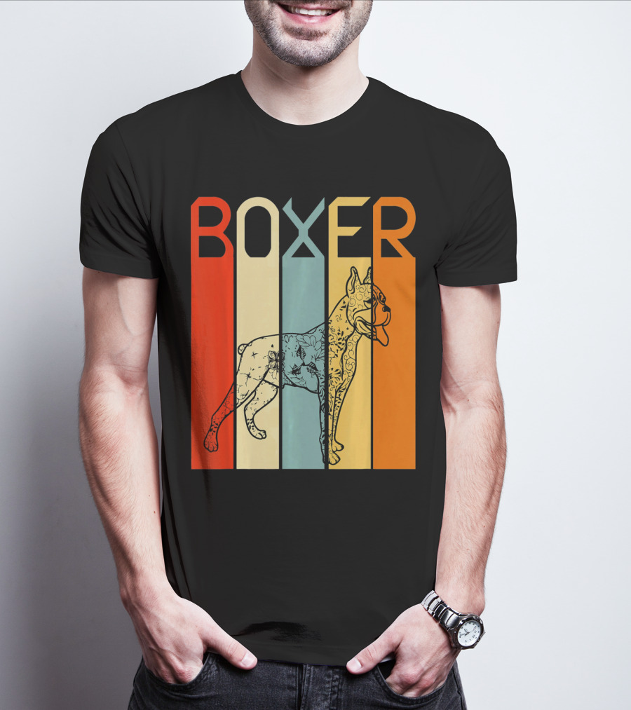 Boxer Dog Retro Stripes Outline T-Shirt