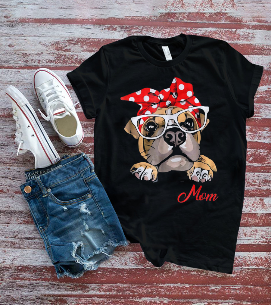 Boxer Mom Dog With Polka Dot Headband And Glasses T-Shirt