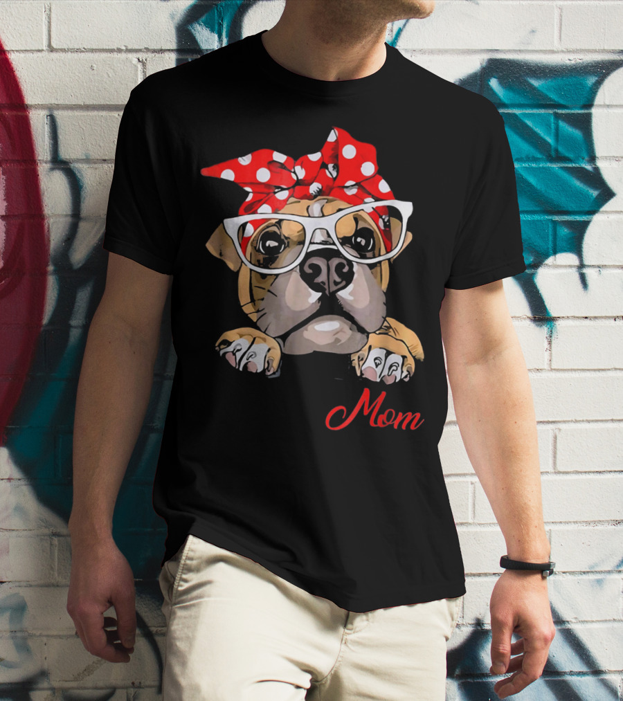 Boxer Mom Dog With Polka Dot Headband And Glasses T-Shirt
