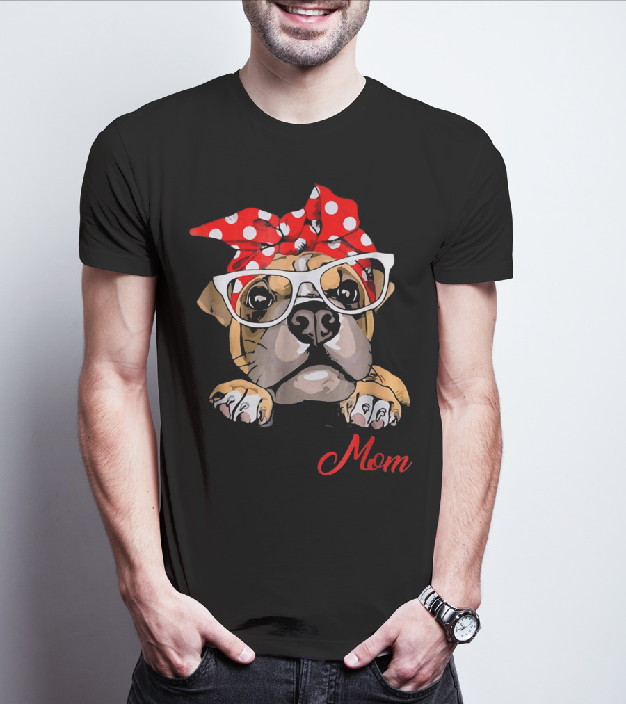 Boxer Mom Dog With Polka Dot Headband And Glasses T-Shirt