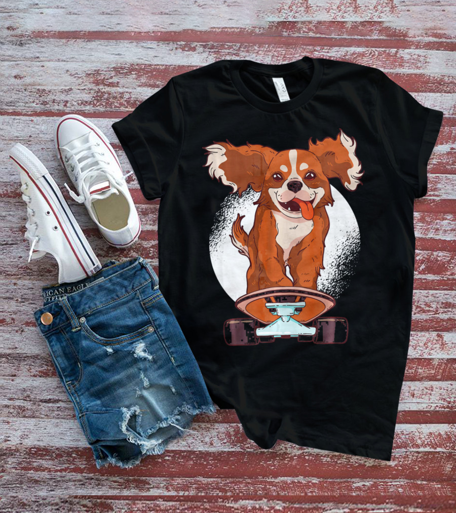 Cavalier Dog On Skateboard With Happy Expression And Energetic Pose T-Shirt