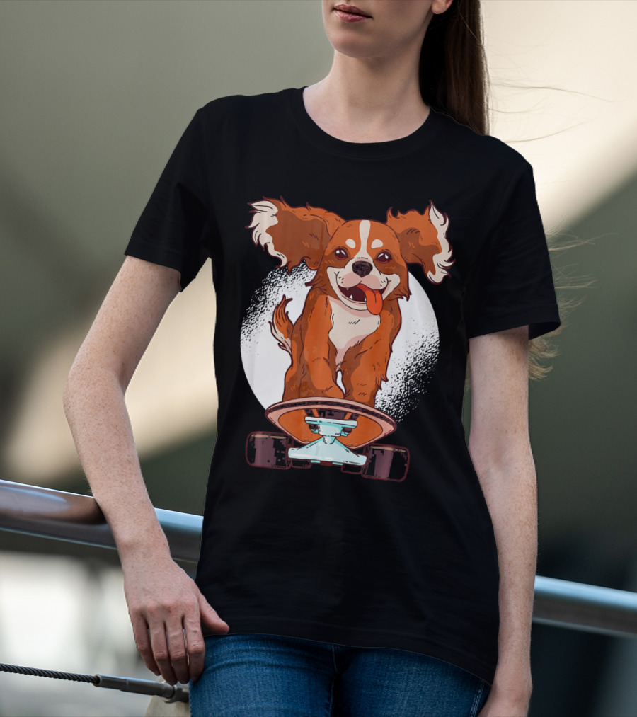 Cavalier Dog On Skateboard With Happy Expression And Energetic Pose T-Shirt