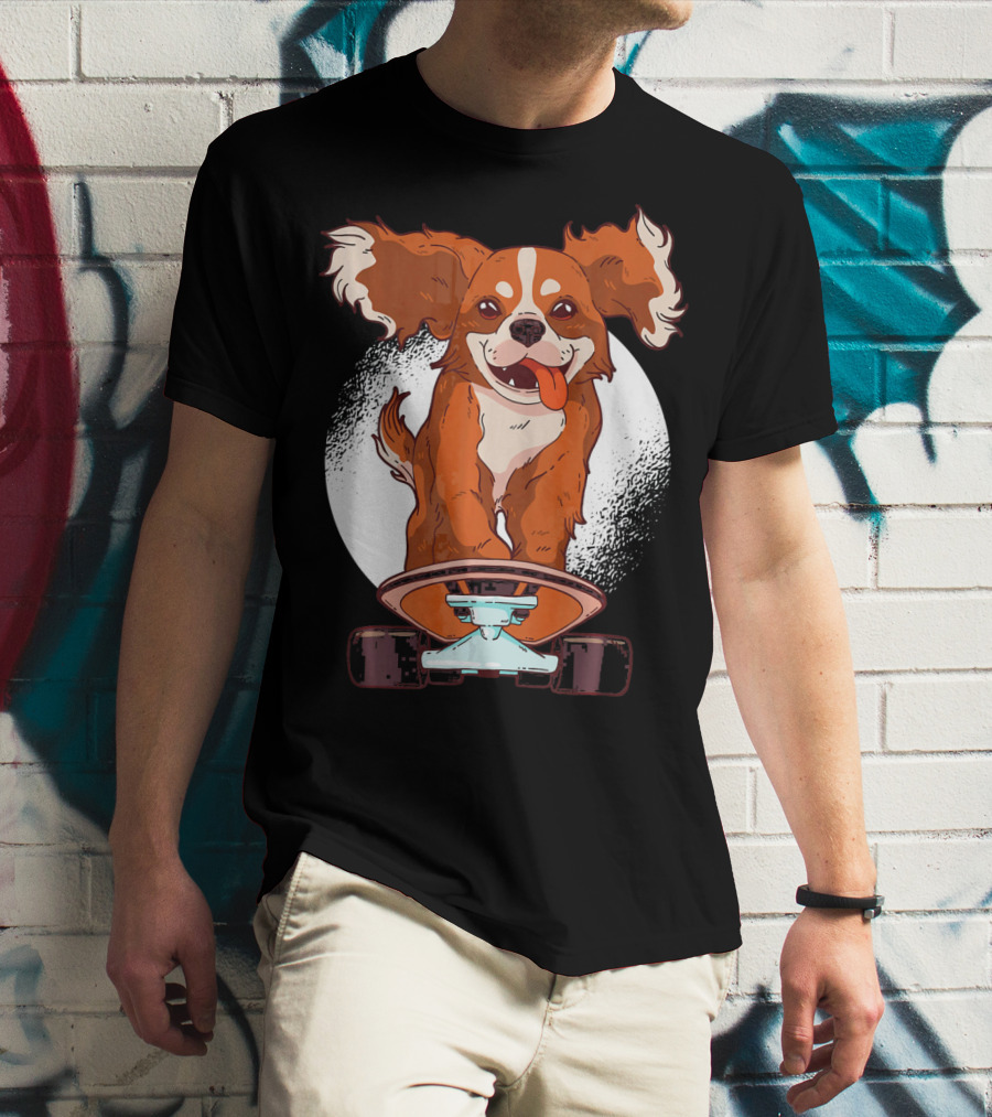 Cavalier Dog On Skateboard With Happy Expression And Energetic Pose T-Shirt