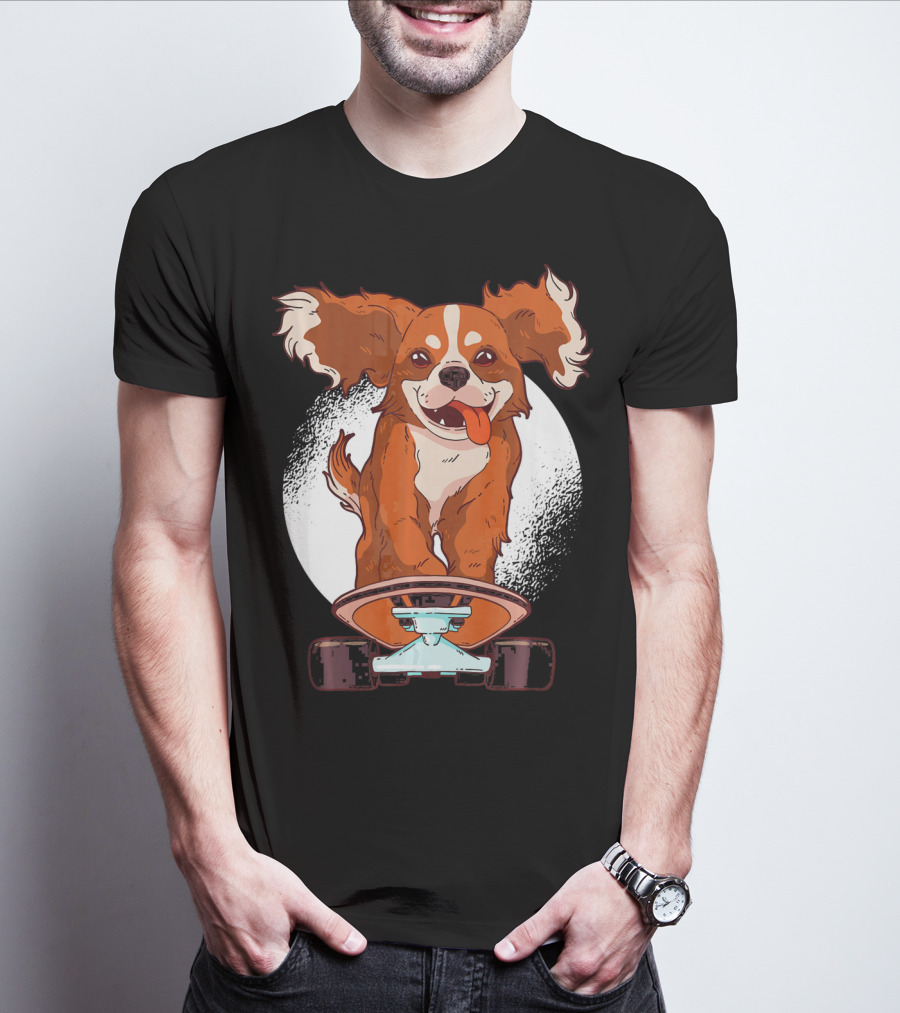 Cavalier Dog On Skateboard With Happy Expression And Energetic Pose T-Shirt