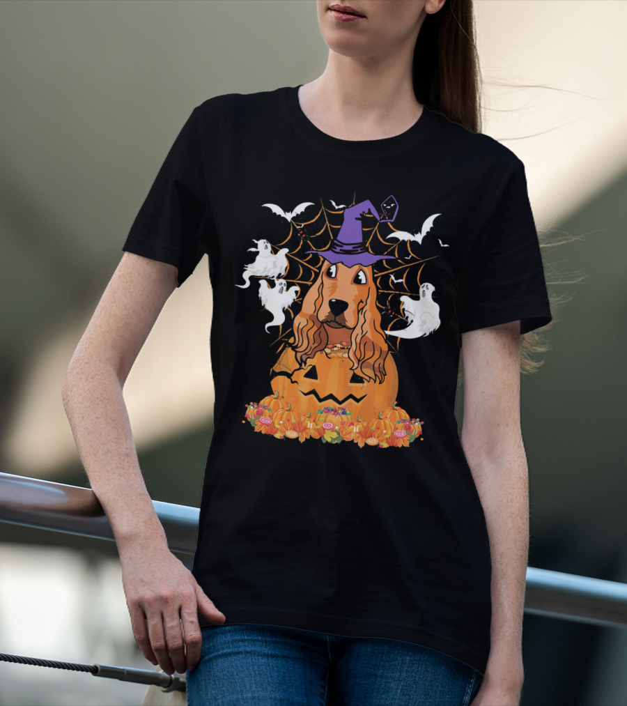 Cavalier King Charles Spaniel Halloween Pumpkin Ghosts And Witch Hat T-Shirt