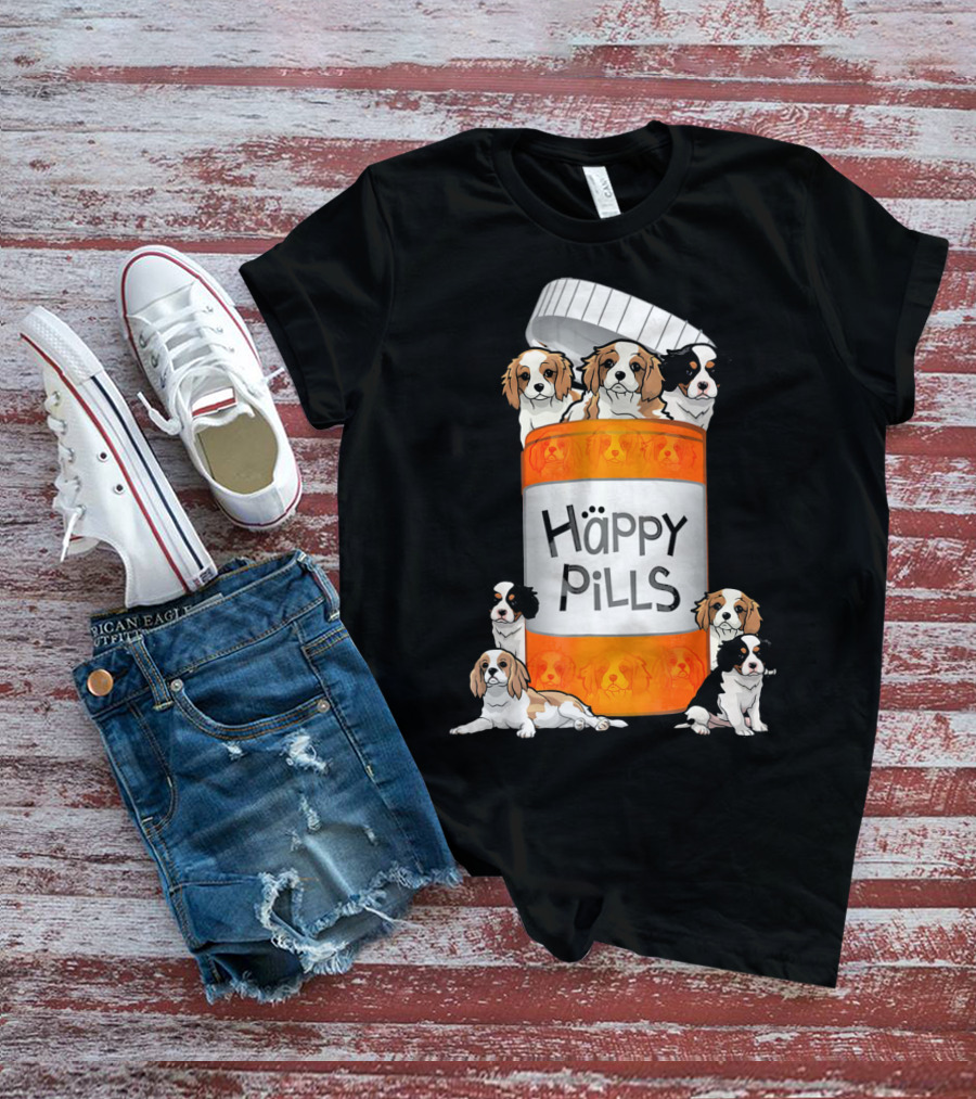 Cavalier King Charles Spaniel Happy Pills Illustration With Puppies In Pill Bottle T-Shirt