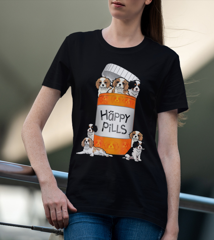 Cavalier King Charles Spaniel Happy Pills Illustration With Puppies In Pill Bottle T-Shirt