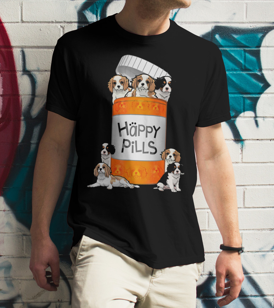 Cavalier King Charles Spaniel Happy Pills Illustration With Puppies In Pill Bottle T-Shirt
