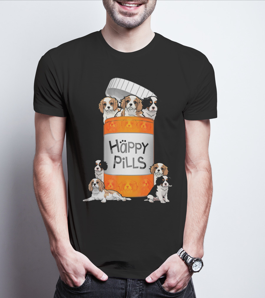 Cavalier King Charles Spaniel Happy Pills Illustration With Puppies In Pill Bottle T-Shirt