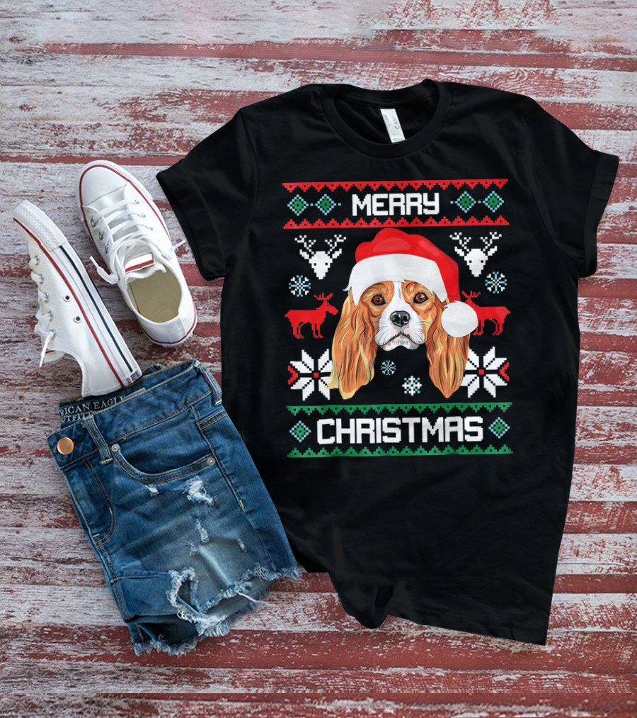 Merry Christmas Cavalier King Charles Spaniel Ugly Sweater Santa Hat T-Shirt