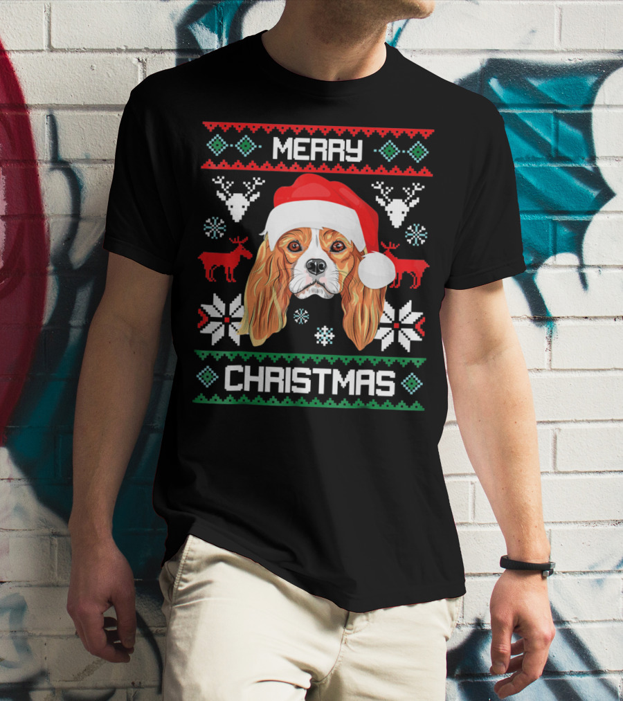 Merry Christmas Cavalier King Charles Spaniel Ugly Sweater Santa Hat T-Shirt