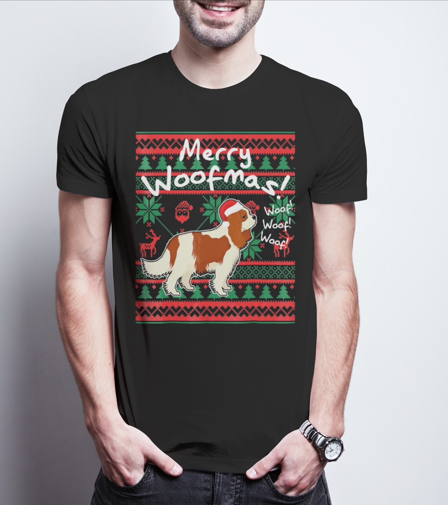 Merry Woofmas Cavalier King Charles Spaniel Festive Santa Hat Woof Woof Holiday T-Shirt