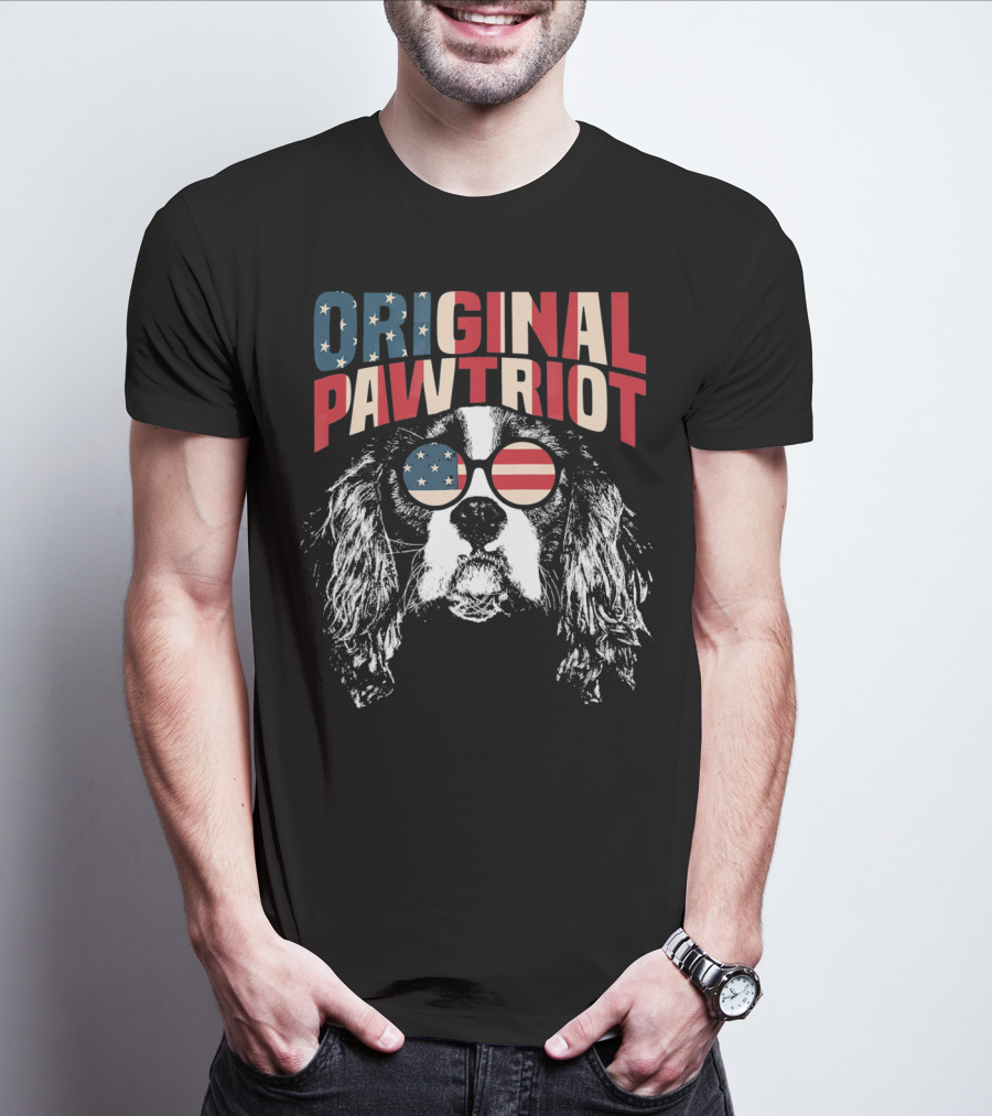 Original Pawtriot Cavalier King Charles Spaniel USA Flag Sunglasses T-Shirt