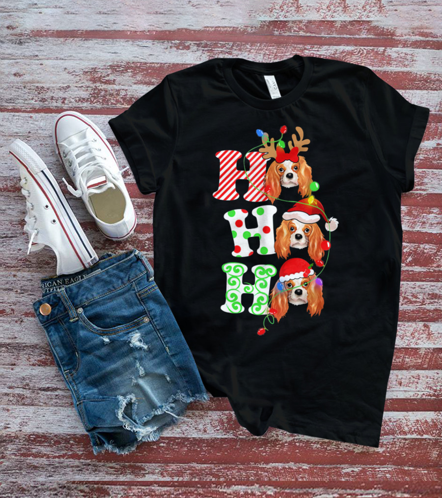 Cavalier King Charles Spaniel Santa Ho Ho Christmas Lights T-Shirt