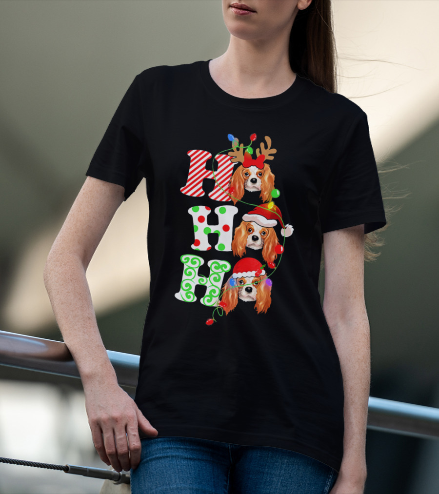 Cavalier King Charles Spaniel Santa Ho Ho Christmas Lights T-Shirt