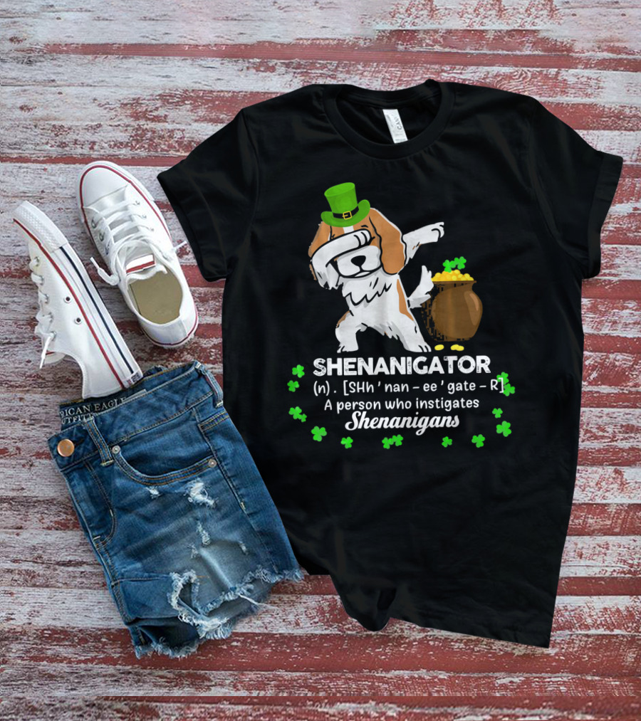Shenanigator Cavalier King Dog With Green Hat And Pot Of Gold T-Shirt