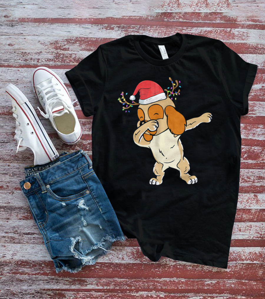 Christmas Cocker Spaniel Dabbing Reindeer Antlers Santa Hat T-Shirt