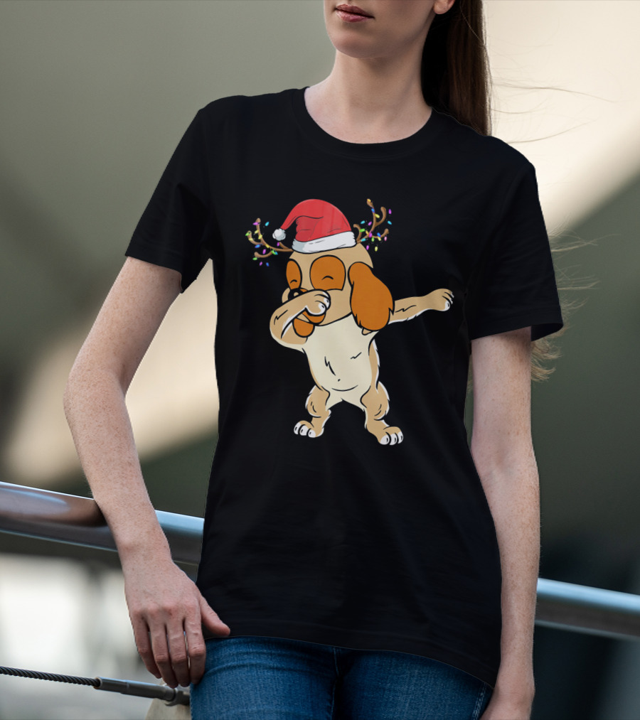 Christmas Cocker Spaniel Dabbing Reindeer Antlers Santa Hat T-Shirt