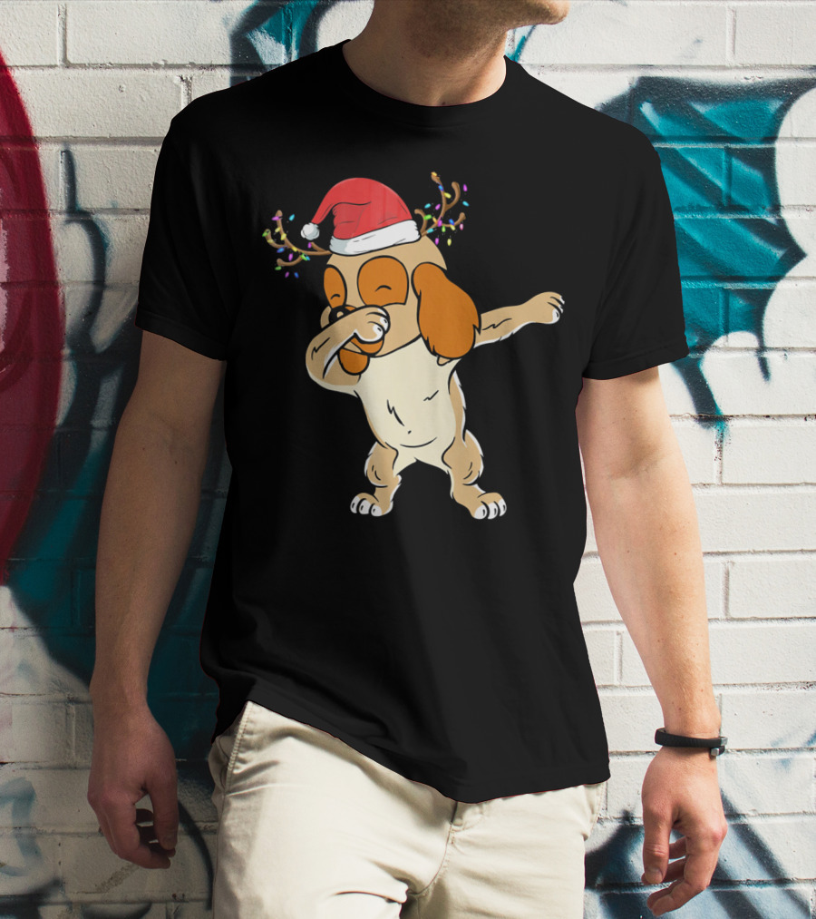 Christmas Cocker Spaniel Dabbing Reindeer Antlers Santa Hat T-Shirt