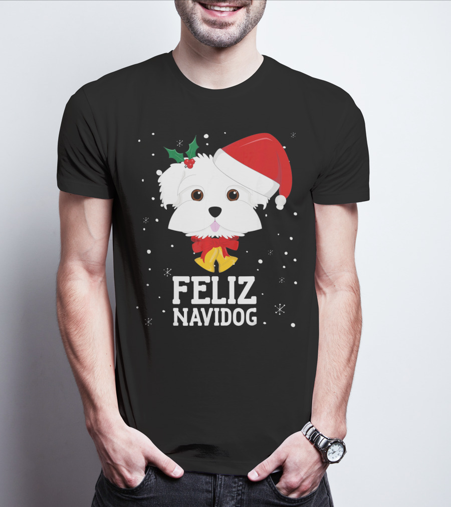 Feliz Navidog Christmas Maltese Dog With Santa Hat And Holly T-Shirt