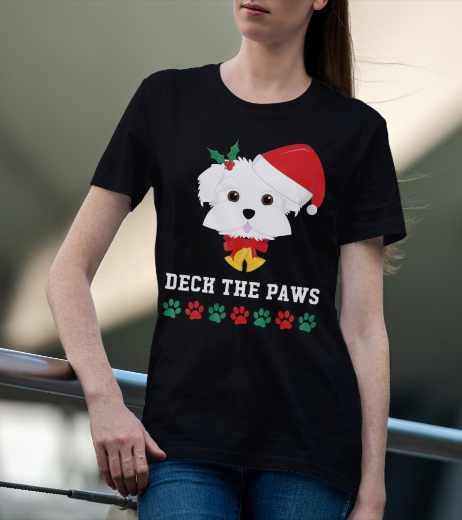 Deck The Paws Christmas Dog Maltese Santa Hat Paw Prints T-Shirt