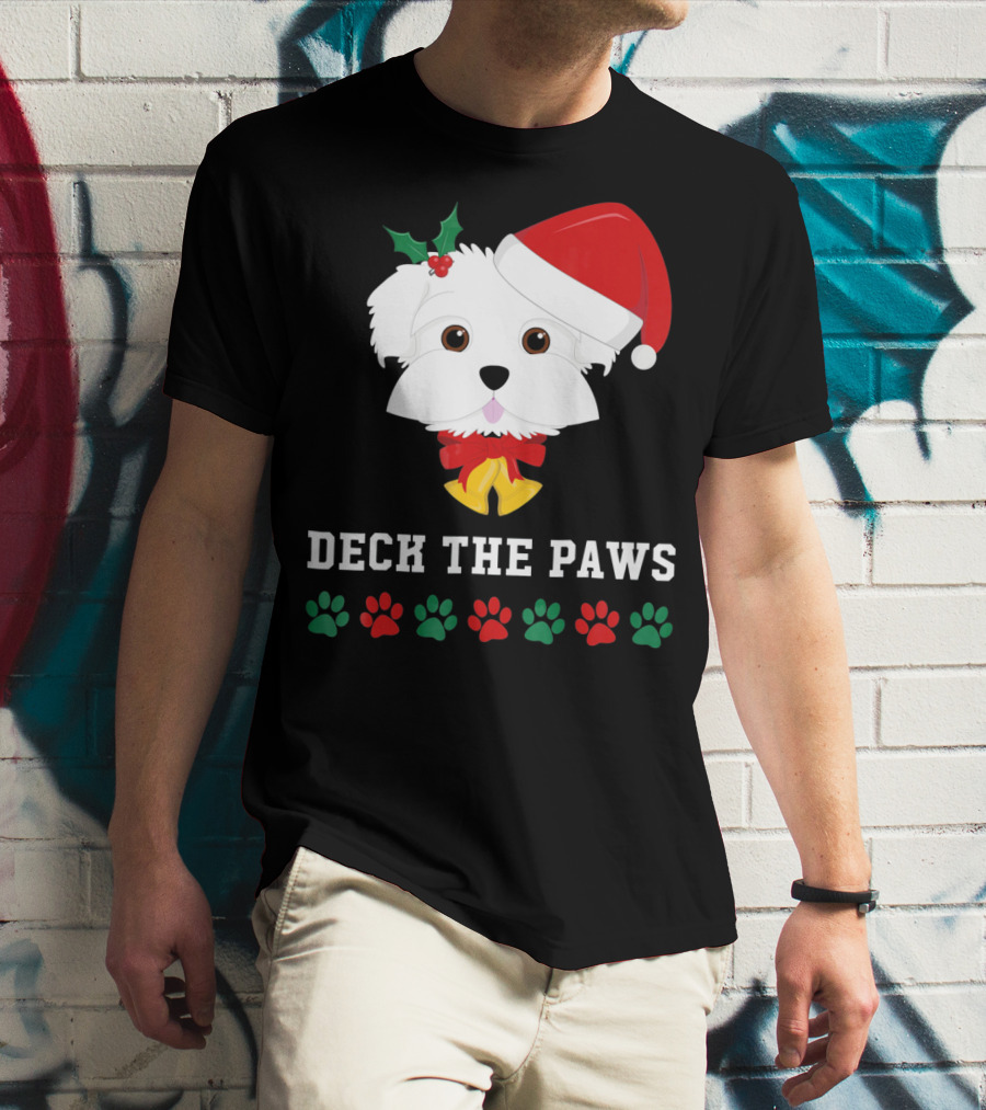 Deck The Paws Christmas Dog Maltese Santa Hat Paw Prints T-Shirt