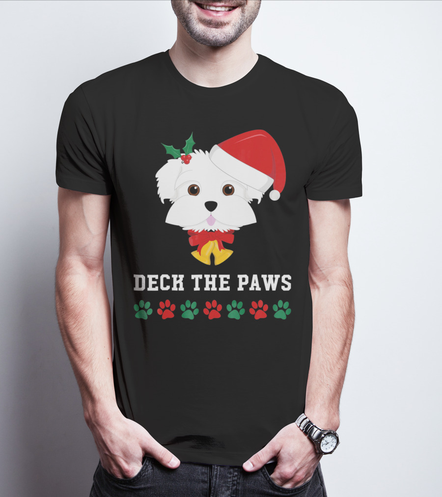 Deck The Paws Christmas Dog Maltese Santa Hat Paw Prints T-Shirt