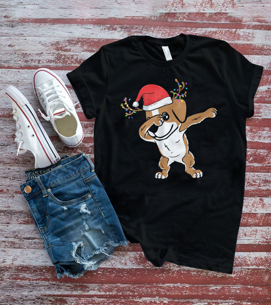 Christmas Jack Russell Terrier With Santa Hat And Reindeer Antlers Dabbing Dab T-Shirt