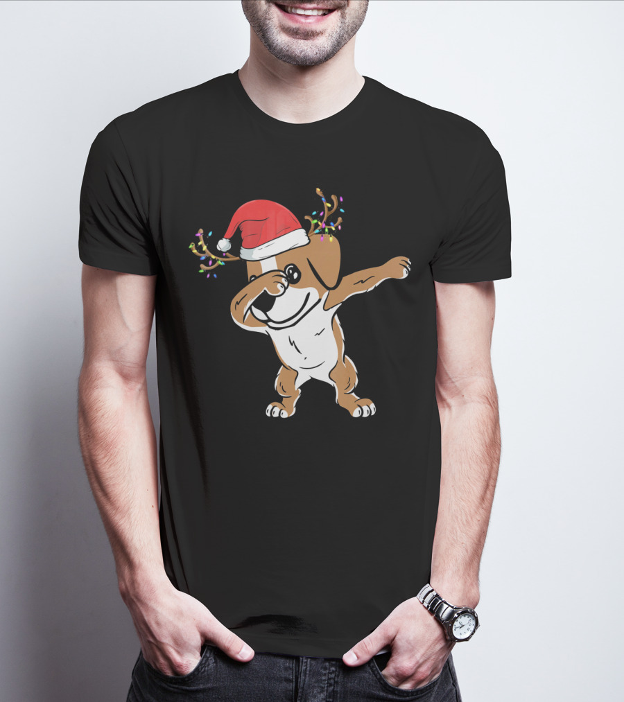 Christmas Jack Russell Terrier With Santa Hat And Reindeer Antlers Dabbing Dab T-Shirt