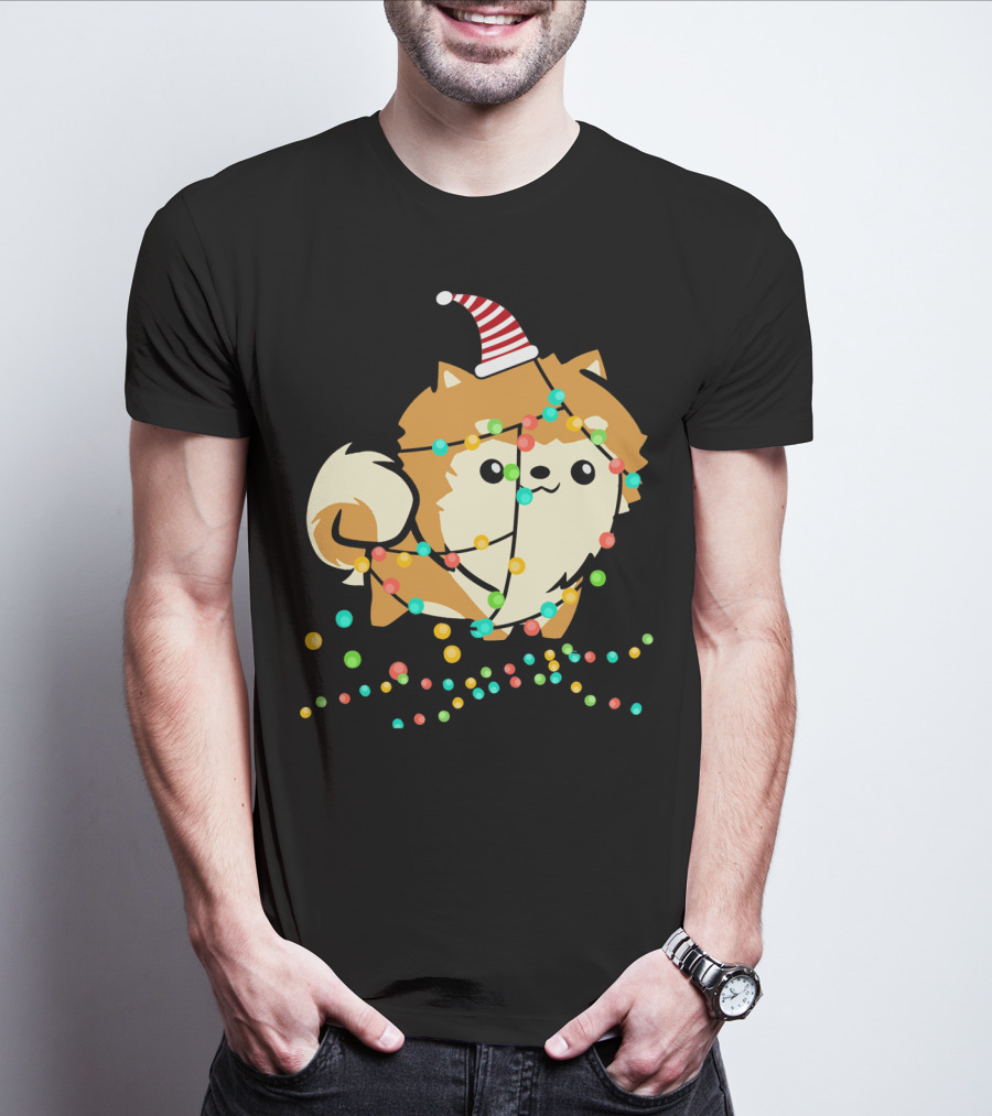 Christmas Lights Pomeranian Santa Hat T-Shirt