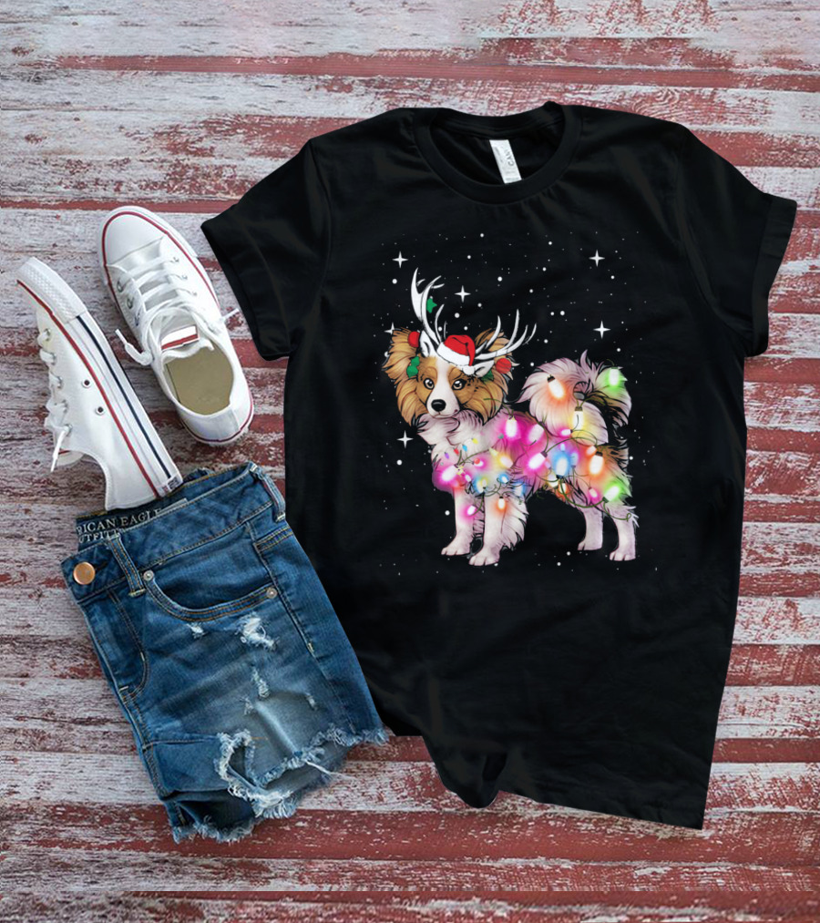 Papillon With Christmas Lights And Santa Antlers T-Shirt