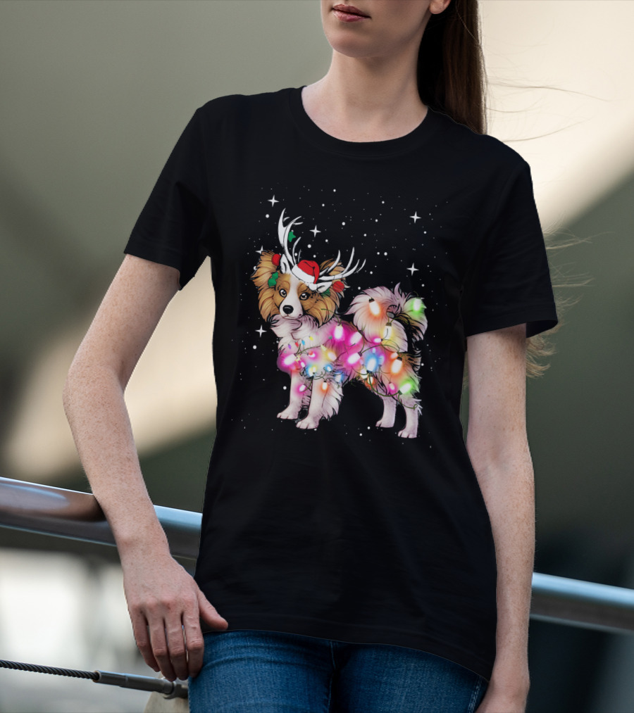 Papillon With Christmas Lights And Santa Antlers T-Shirt