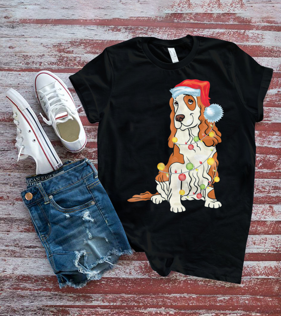 Cocker Spaniel Wearing Santa Hat With Colorful Christmas Lights T-Shirt