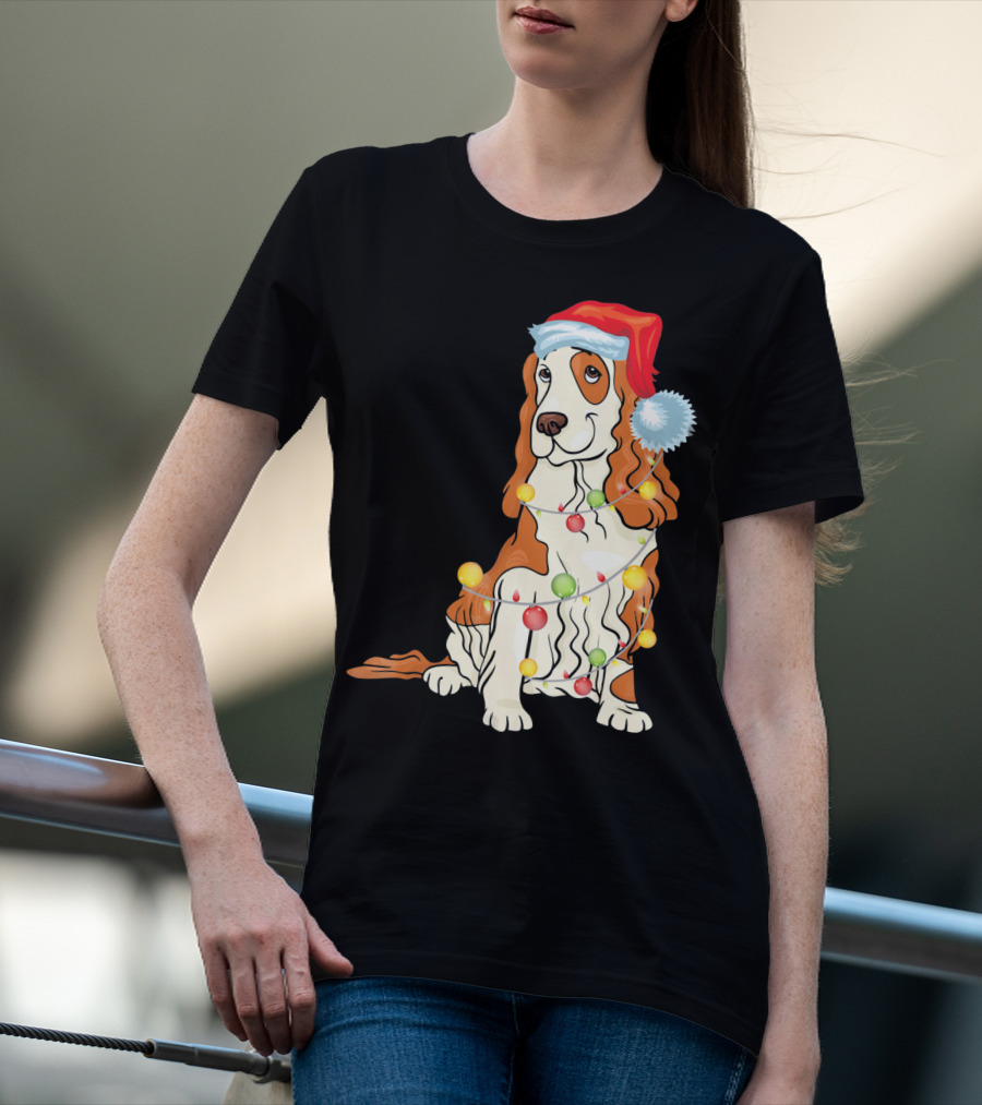 Cocker Spaniel Wearing Santa Hat With Colorful Christmas Lights T-Shirt