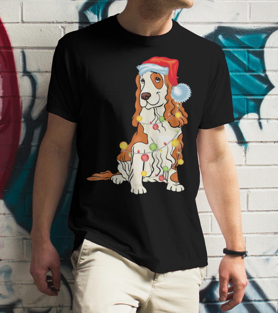 Cocker Spaniel Wearing Santa Hat With Colorful Christmas Lights T-Shirt
