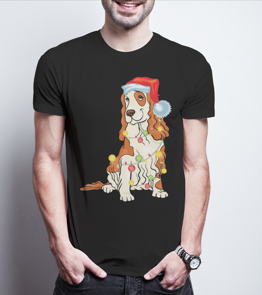 Cocker Spaniel Wearing Santa Hat With Colorful Christmas Lights T-Shirt