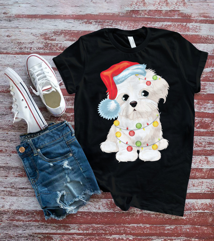 Santa Hat Maltese Dog Wrapped In Christmas Lights T-Shirt
