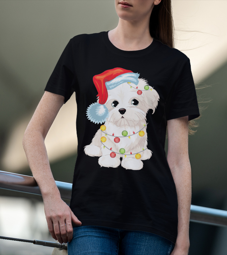 Santa Hat Maltese Dog Wrapped In Christmas Lights T-Shirt