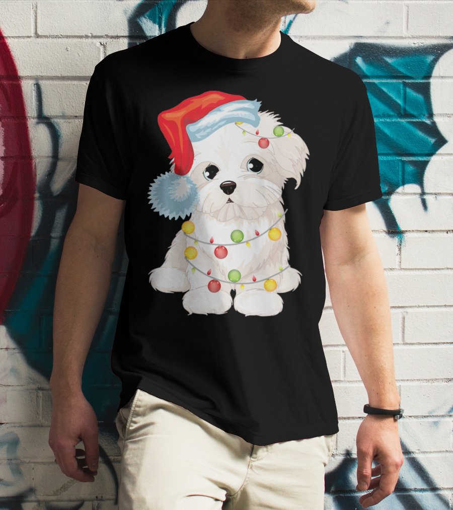 Santa Hat Maltese Dog Wrapped In Christmas Lights T-Shirt