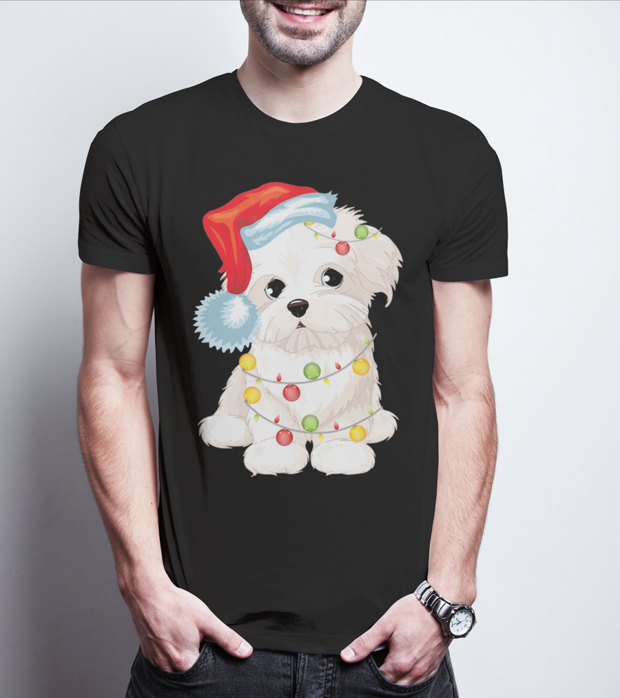 Santa Hat Maltese Dog Wrapped In Christmas Lights T-Shirt