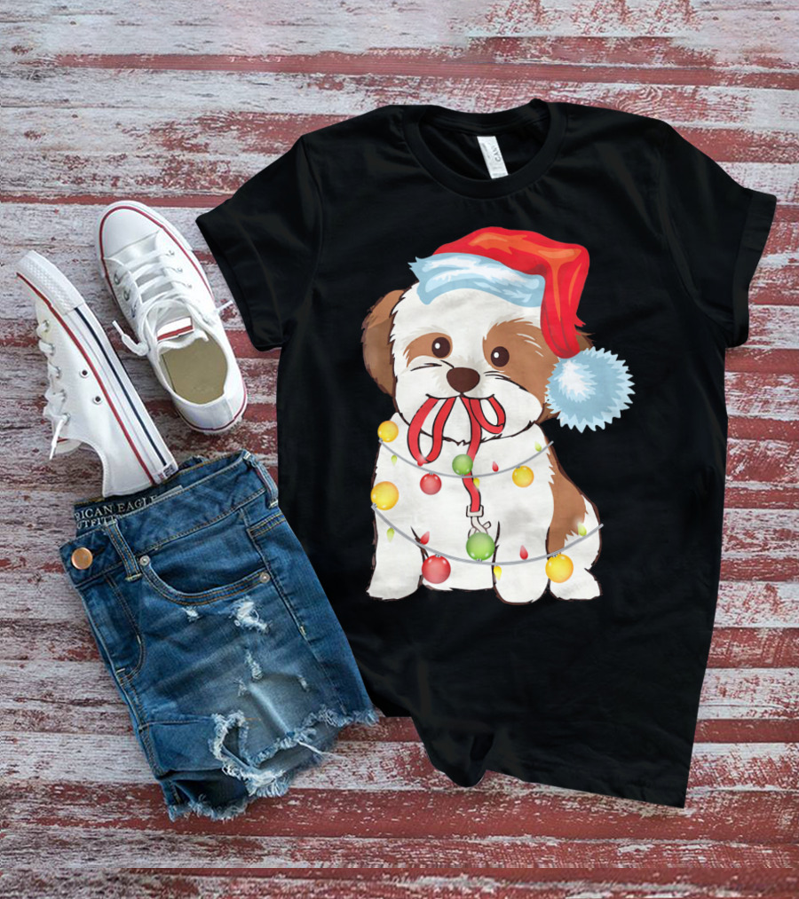 Christmas Lights Shih Tzu With Santa Hat And Festive Ornaments T-Shirt