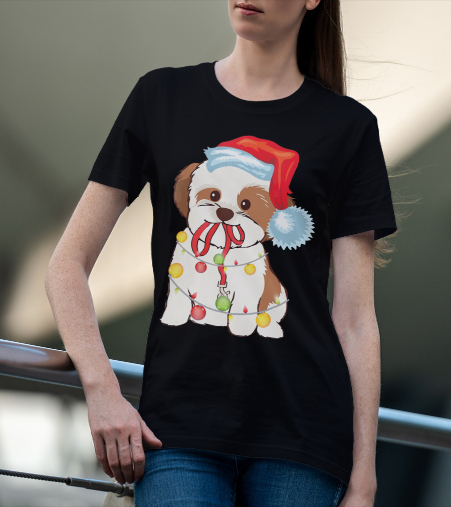 Christmas Lights Shih Tzu With Santa Hat And Festive Ornaments T-Shirt