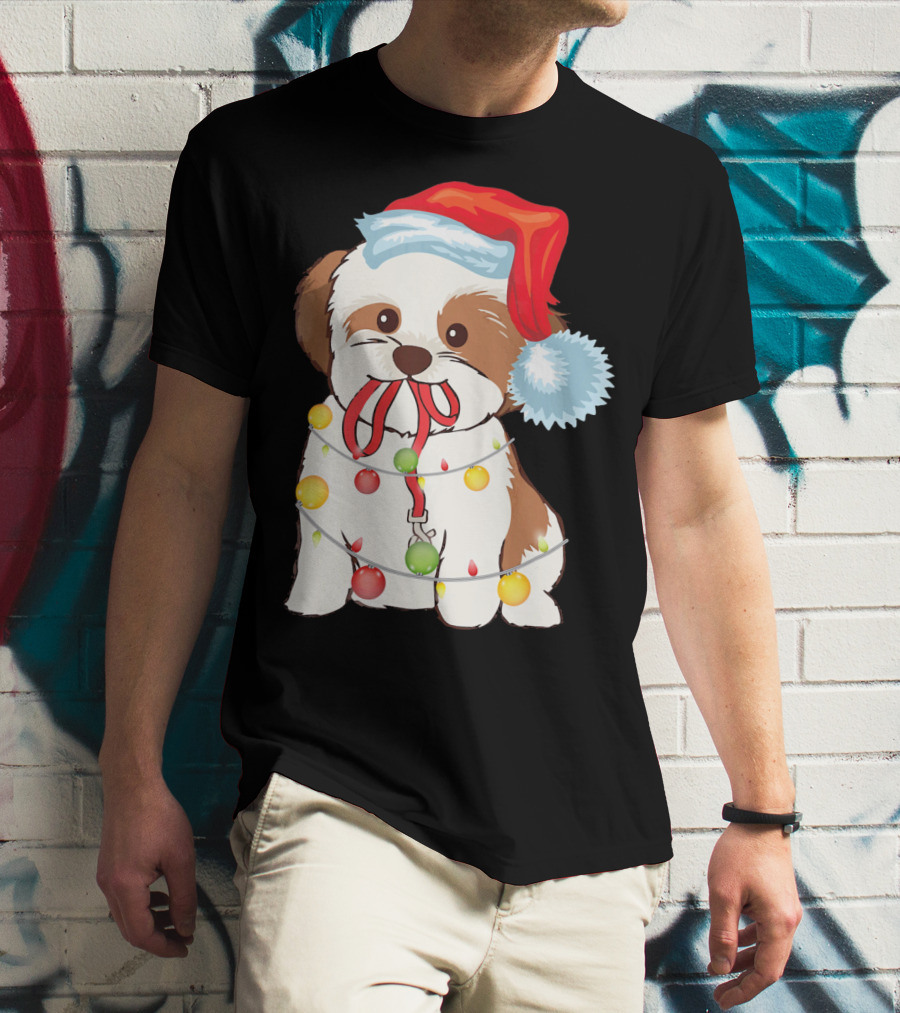 Christmas Lights Shih Tzu With Santa Hat And Festive Ornaments T-Shirt